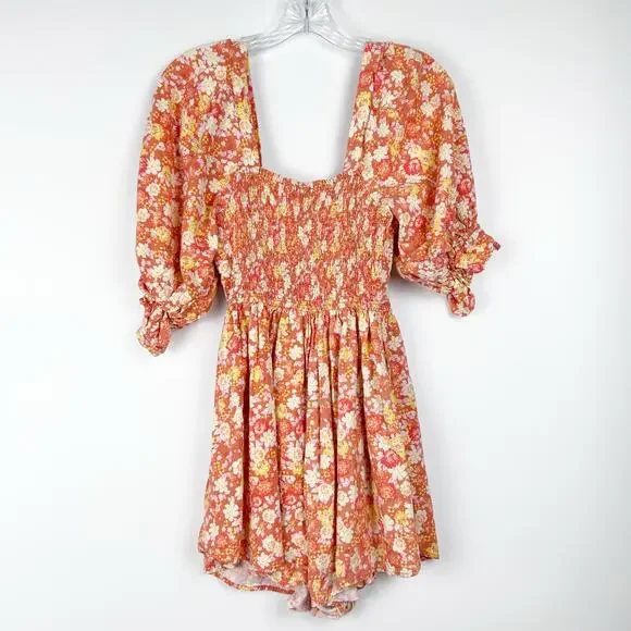Free People Show Me Love Romper Orange Floral Puff Sleeve Smocked Womens Size S - Picture 10 of 14